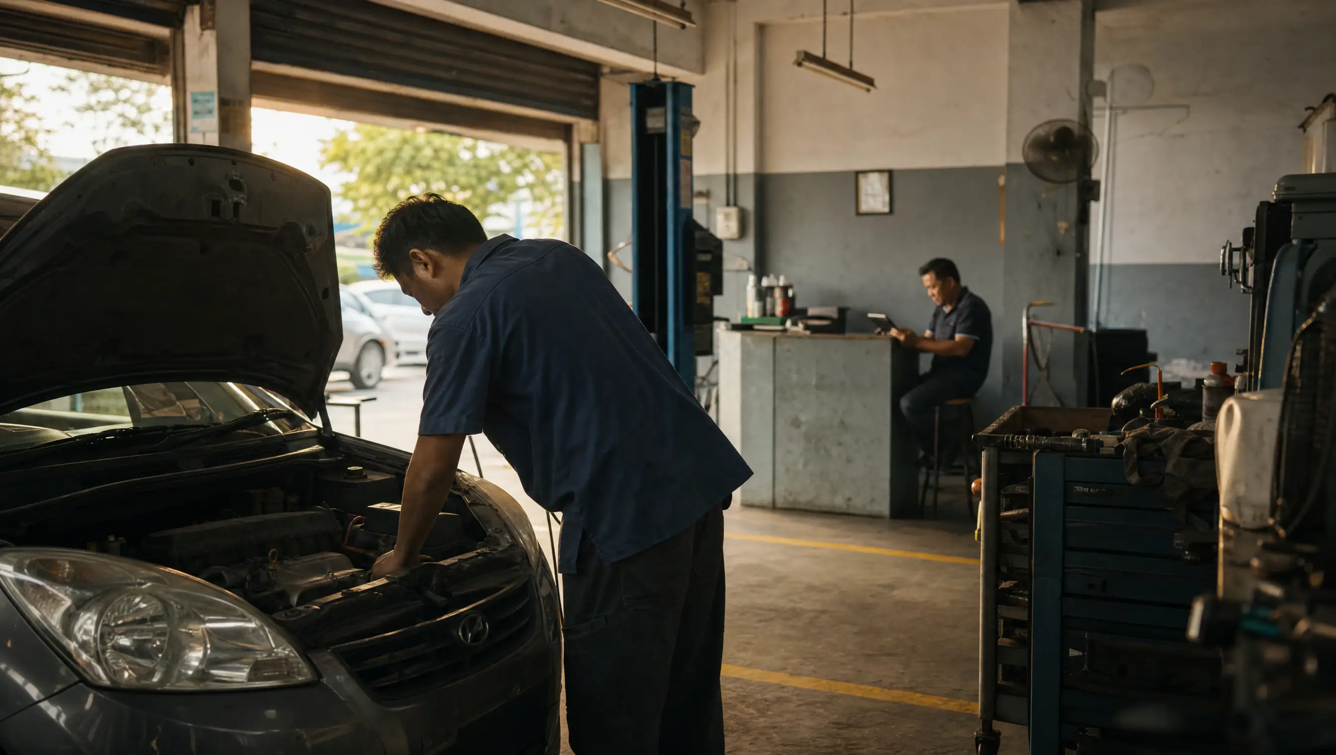 Malaysian car workshop in late afternoon light, mechanic working on a car