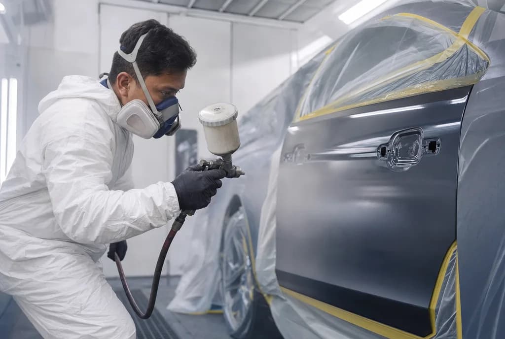 Technician spray-painting a car door panel in a body and paint spray booth