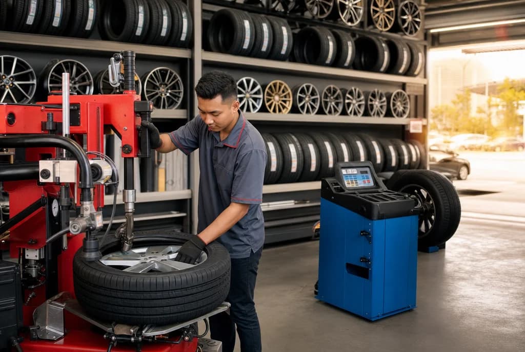 Mechanic mounting a tyre on an alloy wheel at a Malaysian tyre and wheel workshop